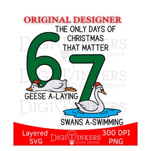 May include: A Christmas-themed graphic with the text "The Only Days of Christmas That Matter." It features the numbers 6 and 7 in green, with geese and swans wearing Santa hats. The words "Geese A-Laying" and "Swans A-Swimming" are also included.