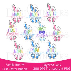 Superposition de couches SVG 300 dpi PNG famille correspondant lapin lapin printemps première Pâques Bundle maman bébé papa grand-mère papa frère et sœur t-shirt panier cadeau