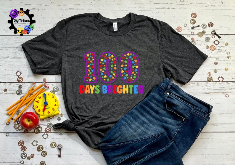 Digital design for crafting svg file for cricut silhouette clip art sublimation. 100 days of school design with a large purple outline 100 with rainbow stars speckled inside. Underneath it says days brighter in all rainbow capital letters.