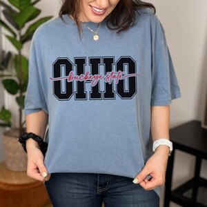 Digital design for crafting svg file for cricut silhouette print and cut clip art iron on transfer. Ohio is in an all capital double lined collegiate font. Sliced through the center in a red long tail cursive font it says buckeye state.