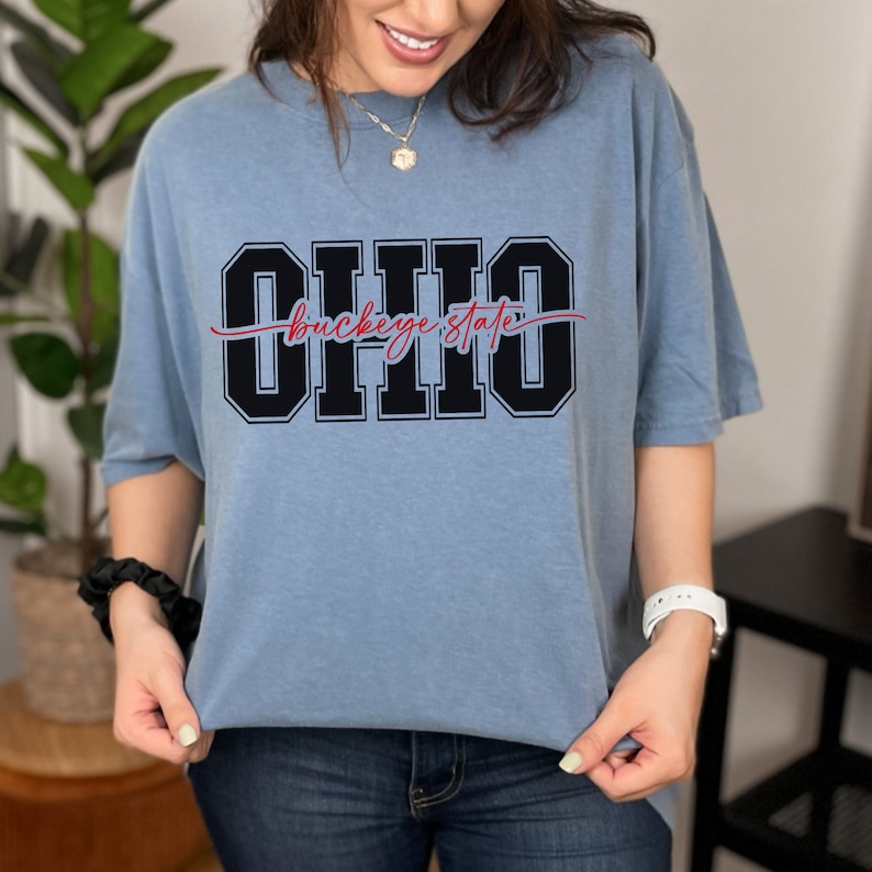 Digital design for crafting svg file for cricut silhouette print and cut clip art iron on transfer. Ohio is in an all capital double lined collegiate font. Sliced through the center in a red long tail cursive font it says buckeye state.