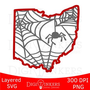 May include: A gray spider web design inside the red outline of the state of Ohio, with a gray spider hanging from the web. The image includes the text "Layered SVG" and "300 DPI PNG".