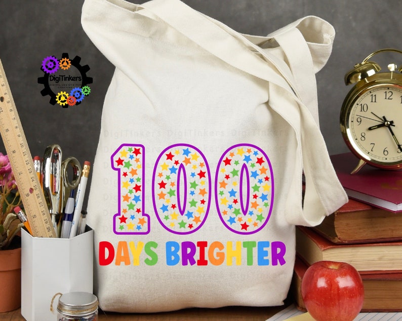 Digital design for crafting svg file for cricut silhouette clip art sublimation. 100 days of school design with a large purple outline 100 with rainbow stars speckled inside. Underneath it says days brighter in all rainbow capital letters.