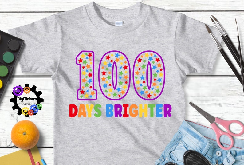 Digital design for crafting svg file for cricut silhouette clip art sublimation. 100 days of school design with a large purple outline 100 with rainbow stars speckled inside. Underneath it says days brighter in all rainbow capital letters.