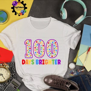 Digital design for crafting svg file for cricut silhouette clip art sublimation. 100 days of school design with a large purple outline 100 with rainbow stars speckled inside. Underneath it says days brighter in all rainbow capital letters.