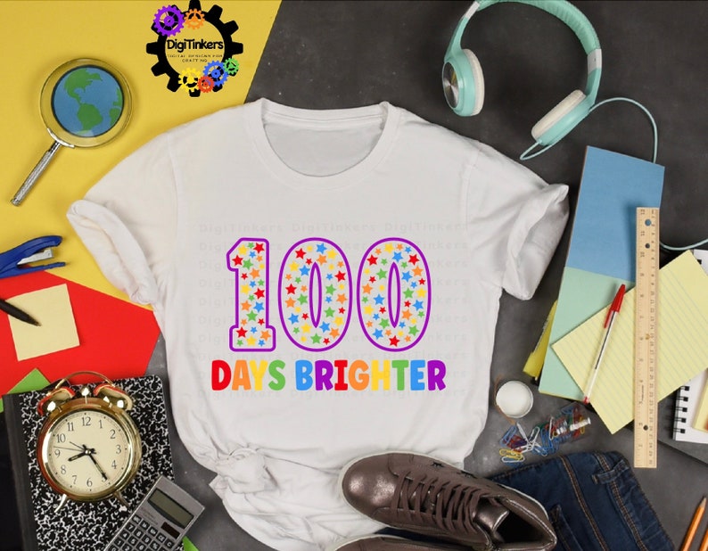 Digital design for crafting svg file for cricut silhouette clip art sublimation. 100 days of school design with a large purple outline 100 with rainbow stars speckled inside. Underneath it says days brighter in all rainbow capital letters.
