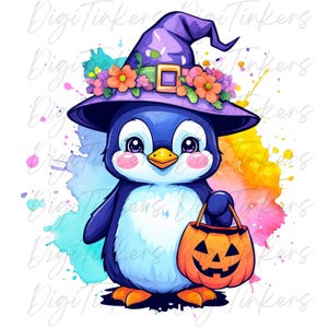 Lindo No espeluznante Feliz Halloween Truco o trato Bruja Pingüino Acuarela Coqueta Niño Maestros Regalo Sublimación Dtf Dtg SVG PNG 300 dpi