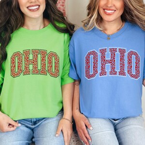 Puede incluir: Dos camisetas de manga corta, una verde claro y otra azul claro, cada una con la palabra "OHIO" en un dise&ntilde;o de estampado de leopardo rojo. Las camisas se usan con jeans azules. Las camisas son de estilo casual.
