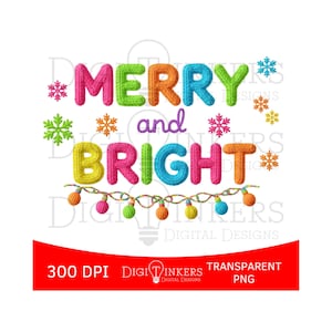 May include: A colorful graphic with the words "MERRY and BRIGHT" in a knitted font, adorned with snowflakes and string lights. The design includes a red banner at the bottom with text and a logo.