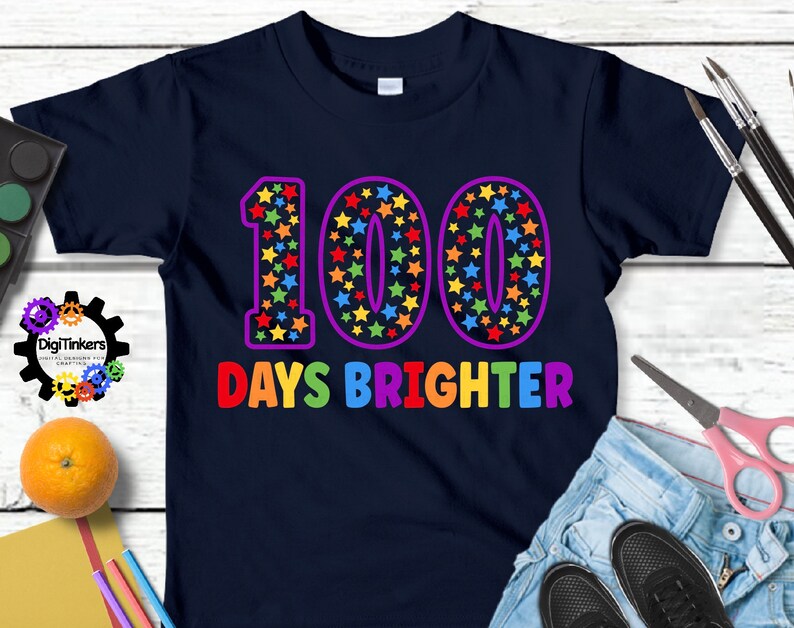Digital design for crafting svg file for cricut silhouette clip art sublimation. 100 days of school design with a large purple outline 100 with rainbow stars speckled inside. Underneath it says days brighter in all rainbow capital letters.