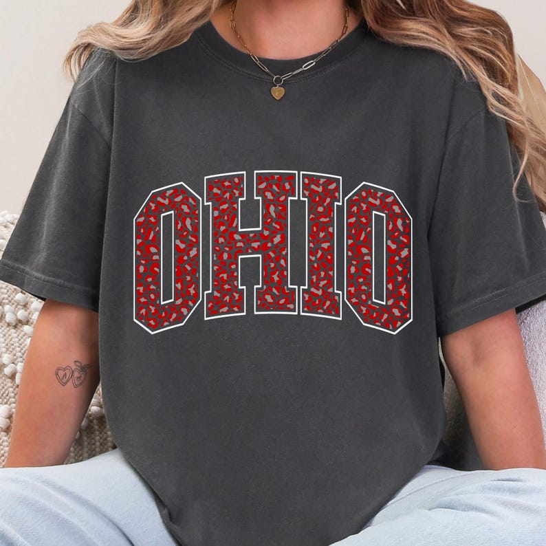 Puede incluir: Camiseta gris oscuro con la palabra "OHIO" en letras grandes. Las letras son rojas con un patr&oacute;n moteado y contorno blanco. La camiseta tiene mangas cortas y cuello redondo.