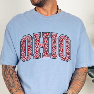 Puede incluir: Una camiseta azul claro con la palabra "OHIO" en letras grandes. Las letras est&aacute;n rellenas con un estampado de leopardo rojo y gris, y delineadas en negro.