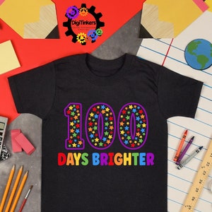 Digital design for crafting svg file for cricut silhouette clip art sublimation. 100 days of school design with a large purple outline 100 with rainbow stars speckled inside. Underneath it says days brighter in all rainbow capital letters.