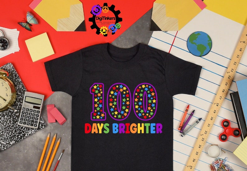 Digital design for crafting svg file for cricut silhouette clip art sublimation. 100 days of school design with a large purple outline 100 with rainbow stars speckled inside. Underneath it says days brighter in all rainbow capital letters.