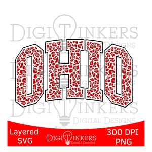 May include: A digital design featuring the word "OHIO" in a bold, collegiate-style font. The letters are filled with a red and gray leopard print pattern, outlined in black. The design includes "Layered SVG" and "300 DPI PNG" text.