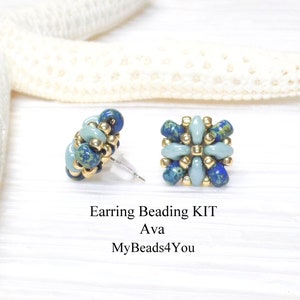 Beading Kit Earrings, Jewelry Making Patterns, Seed Bead Earring Tutorial and Kit, Craft Supplies, DIY Gift Idea Picasso/Blue