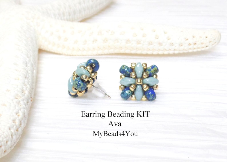 Beading Kit Earrings, Jewelry Making Patterns, Seed Bead Earring Tutorial and Kit, Craft Supplies, DIY Gift Idea Picasso/Blue
