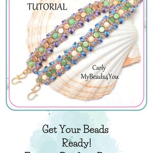 May include: Two beaded bracelets with gold clasps, featuring a colorful pattern of green, blue, purple, and tan beads. The bracelets are displayed on a seashell. The image includes the text "Tutorial" and "Get Your Beads Ready! Earring Beading Pattern MyBeads4You.Etsy.com".