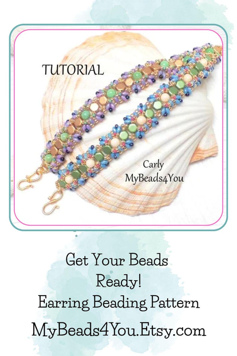 May include: Two beaded bracelets with gold clasps, featuring a colorful pattern of green, blue, purple, and tan beads. The bracelets are displayed on a seashell. The image includes the text "Tutorial" and "Get Your Beads Ready! Earring Beading Pattern MyBeads4You.Etsy.com".