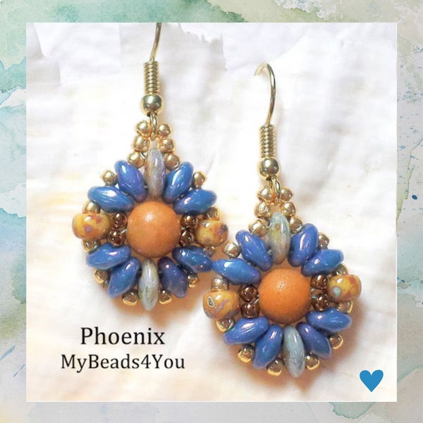 Blue Gold Beaded Boho Drop Earrings, Handmade Seed Bead Jewelry