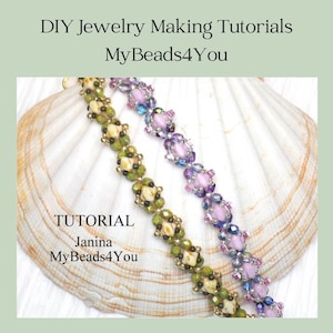 May include: Two beaded bracelets in shades of green and purple, featuring intricate floral designs. The bracelets are displayed on a seashell, with text that reads "DIY Jewelry Making Tutorials" and "MyBeads4You". Additional text includes "TUTORIAL" and the name "Janina".