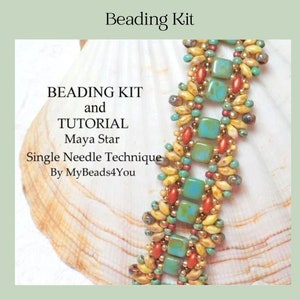 May include: A beading kit and tutorial for the Maya Star design, using a single needle technique. The beaded bracelet features turquoise square beads, red and gold accents, and a detailed pattern. The text "Beading Kit" and "By MyBeads4You" are visible.
