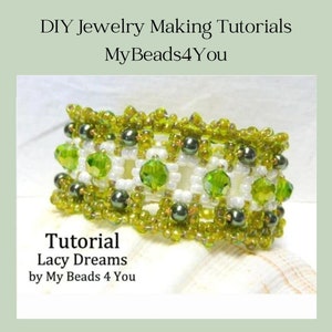 May include: A green and white beaded bracelet with a lacy design. The bracelet is called "Lacy Dreams" and is a tutorial by My Beads 4 You.