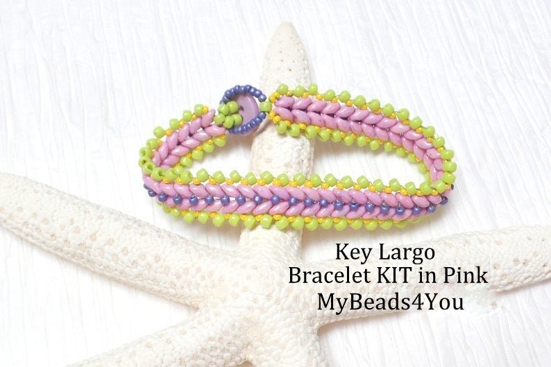 Bracelet Beading Kit, Patterns and Instructions, DIY Gift, Jewelry Making Kits and Tutorial, Super Duo Bracelet Pattern, Beading Supplies Pink/Green
