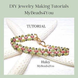 May include: A handmade bracelet with a gold clasp, featuring a pattern of pink, green, and black beads. The bracelet is displayed on a white starfish. Text on the image reads "DIY Jewelry Making Tutorials" and "MyBeads4You".