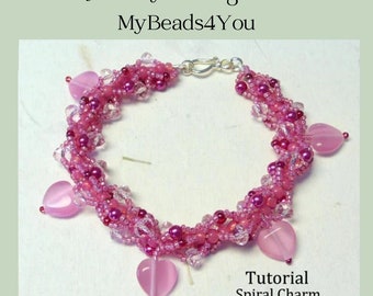 Bracelet Beading Pattern, Jewelry Making Beading Supplies, DIY Gift Tutorial, Spiral Heart Charm Beadwork Bracelet, Crafting Instructions