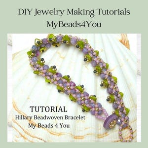 May include: A beadwoven bracelet featuring lavender and lime green beads with small metallic gold accents. The text reads: DIY Jewelry Making Tutorials, MyBeads4You, TUTORIAL, Hillary Beadwoven Bracelet, My Beads 4 You.