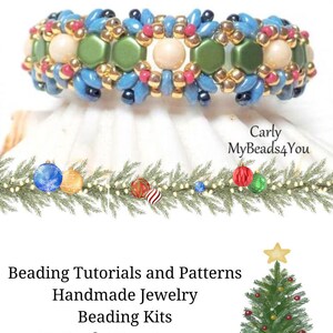 May include: A handmade beaded bracelet with a mix of colors, including blue, green, pink, and gold. The bracelet features a central design with cream-colored beads. The image also includes text that says "Carly MyBeads4You".