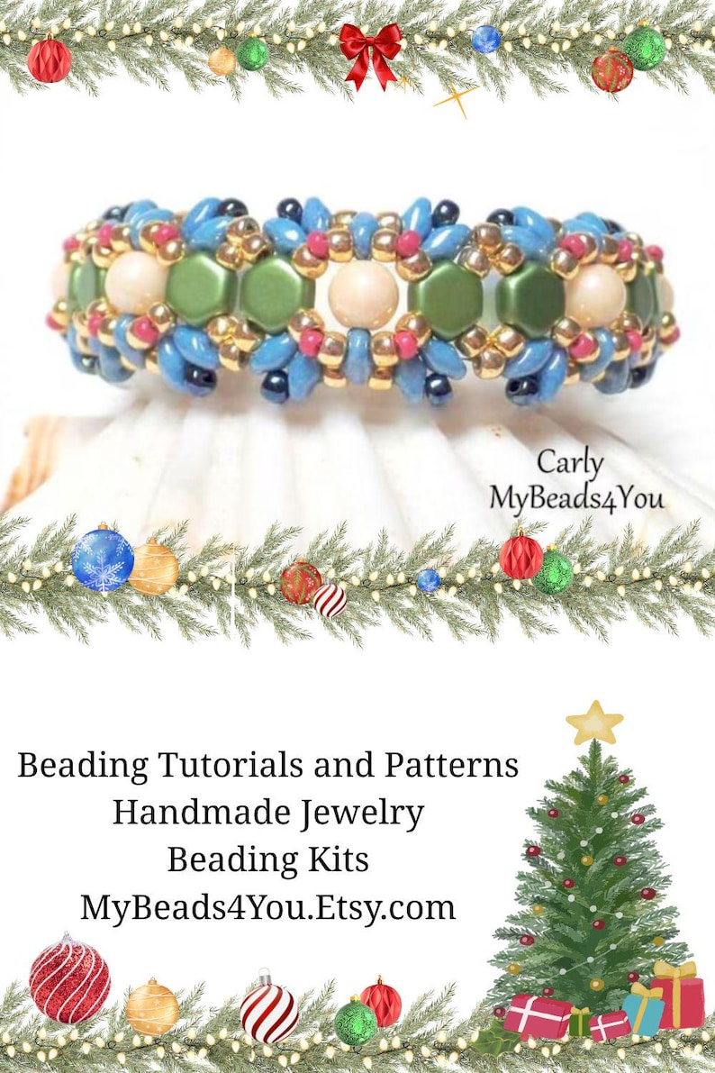 May include: A handmade beaded bracelet with a mix of colors, including blue, green, pink, and gold. The bracelet features a central design with cream-colored beads. The image also includes text that says "Carly MyBeads4You".