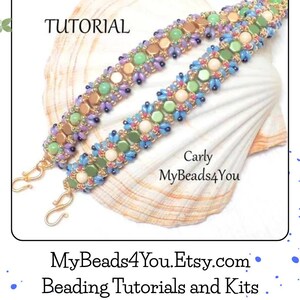 May include: Two beaded bracelets with gold clasps. The bracelets feature a colorful design with green, blue, purple, and tan beads. The word "TUTORIAL" is at the top of the image, and the Etsy shop name "MyBeads4You" is also visible.