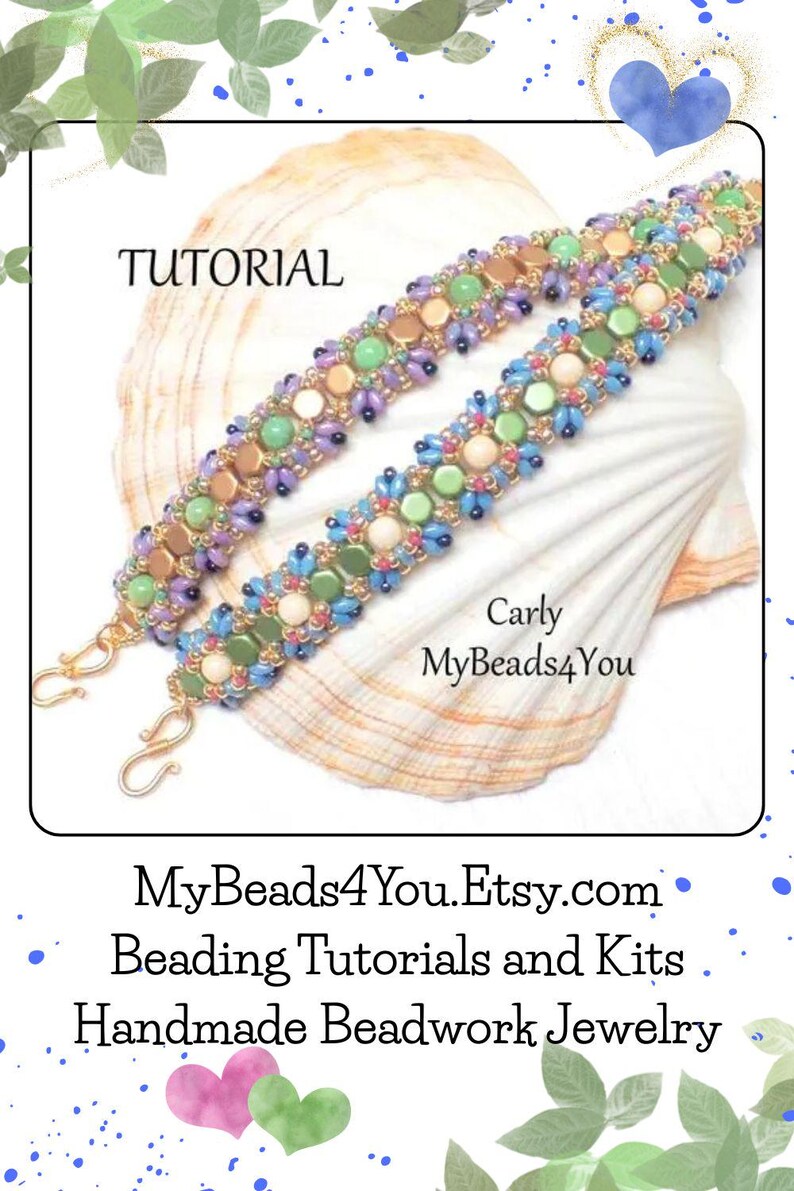May include: Two beaded bracelets with gold clasps. The bracelets feature a colorful design with green, blue, purple, and tan beads. The word "TUTORIAL" is at the top of the image, and the Etsy shop name "MyBeads4You" is also visible.