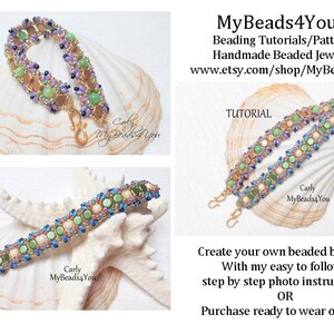 May include: Handmade beaded bracelet in shades of green, blue, gold, and purple. The bracelet is shown in multiple views, including a close-up. The image also includes text that says "MyBeads4You" and "Create your own beaded bracelet".