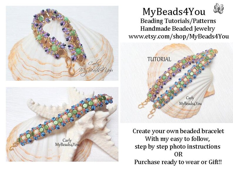 May include: Handmade beaded bracelet in shades of green, blue, gold, and purple. The bracelet is shown in multiple views, including a close-up. The image also includes text that says "MyBeads4You" and "Create your own beaded bracelet".