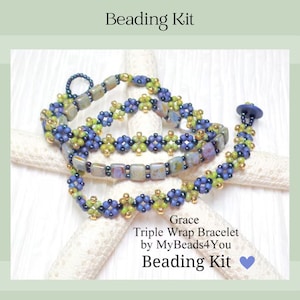 May include: A beading kit for a Grace Triple Wrap Bracelet by MyBeads4You. The kit includes blue, lime green, and metallic gold seed beads, along with square-shaped, multi-colored beads. The bracelet features a dark blue button closure.
