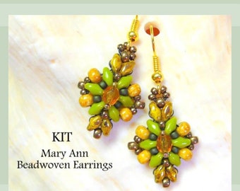 Beaded Earring Kit, SuperDuo Beading Pattern, Seed Bead Earrings Instructions Kit, Beginners Earrings Pattern Mary Ann Tutorial  Beads Kit