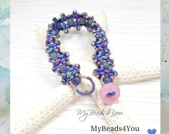 Handmade Blue Pink Green Silver Beadwork Bracelet Gift for Women, Seed Bead Bracelet with Superduos and Fire polished Czech Glass Beads