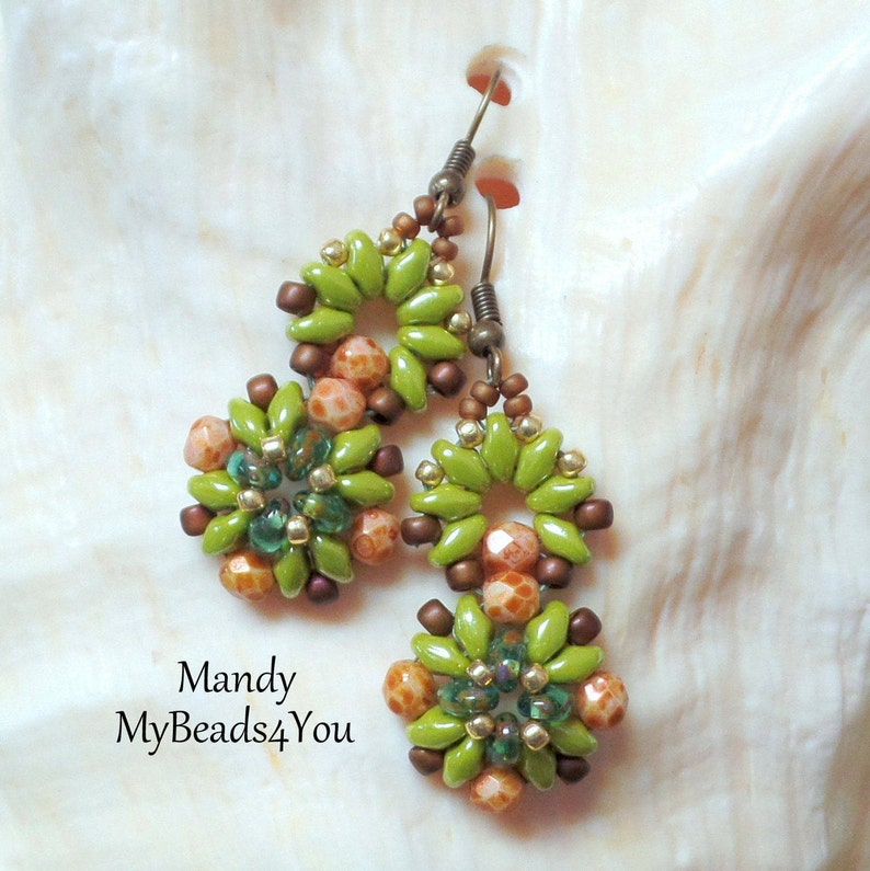 Handmade Green Super Duo Seed Bead Earrings for Women, Summer Fashion