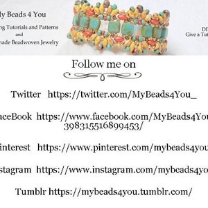 Op de afbeelding: Een kralenarmband met turquoise, oranje en gele kralen. De afbeelding bevat de tekst "My Beads 4 You" en links naar Twitter, Facebook, Pinterest, Instagram en Tumblr. De afbeelding promoot kralen tutorials en handgemaakte sieraden.