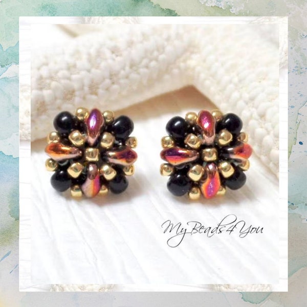 Beaded Stud Earrings Black Gold Seed Beads - Boho Small Post Earrings Unique Gift For Her - Handmade Earrings For Women - Mothers Day Gift