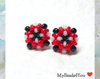 Red Black Stud Seed Bead Earrings, Handmade Small Post Beaded Earrings, Jewelry Gift, Birthday Thank You Gift For Women, Valentines Day Gift