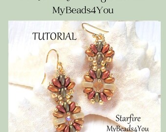 May include: A pair of beaded drop earrings featuring metallic copper, olive green, and cream-colored beads with gold-tone ear wires. The text reads DIY Jewelry Making Tutorials, MyBeads4You, TUTORIAL, and Starfire MyBeads4You.