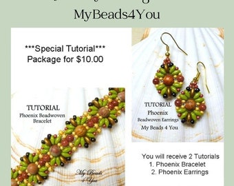 Beaded Bracelet and Earring Tutorial, SuperDuo Seed Bead Jewelry Making Pattern, Beading PDF Tutorials and Patterns, MyBeads4You Phoenix