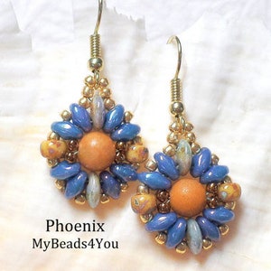 May include: A pair of beaded earrings featuring a central orange bead surrounded by blue and mottled yellow petal-shaped beads, accented with gold-tone seed beads and gold-tone metal hooks. The text Phoenix MyBeads4You is visible below.