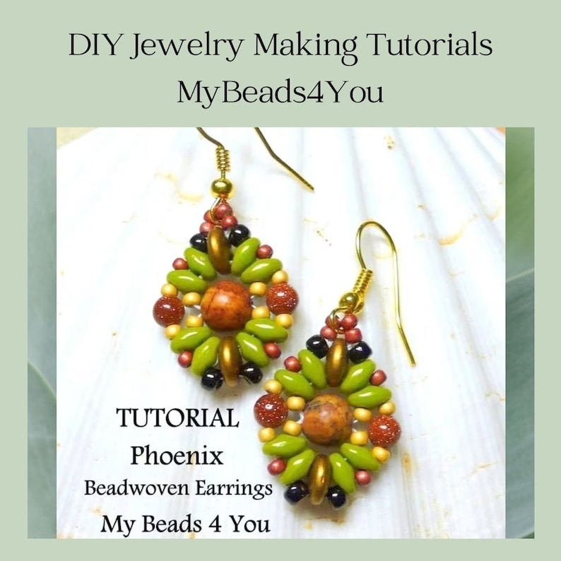 May include: A pair of beaded earrings featuring a central round brown stone surrounded by green, gold, and dark red beads. The text reads: DIY Jewelry Making Tutorials MyBeads4You, TUTORIAL Phoenix Beadwoven Earrings My Beads 4 You.