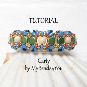 May include: A beaded bracelet with a tutorial title. The bracelet features a pattern of blue, green, beige, and gold beads. The text "Tutorial" is at the top, with "Carly by MyBeads4You" below the bracelet.