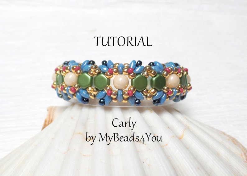 May include: A beaded bracelet with a tutorial title. The bracelet features a pattern of blue, green, beige, and gold beads. The text "Tutorial" is at the top, with "Carly by MyBeads4You" below the bracelet.